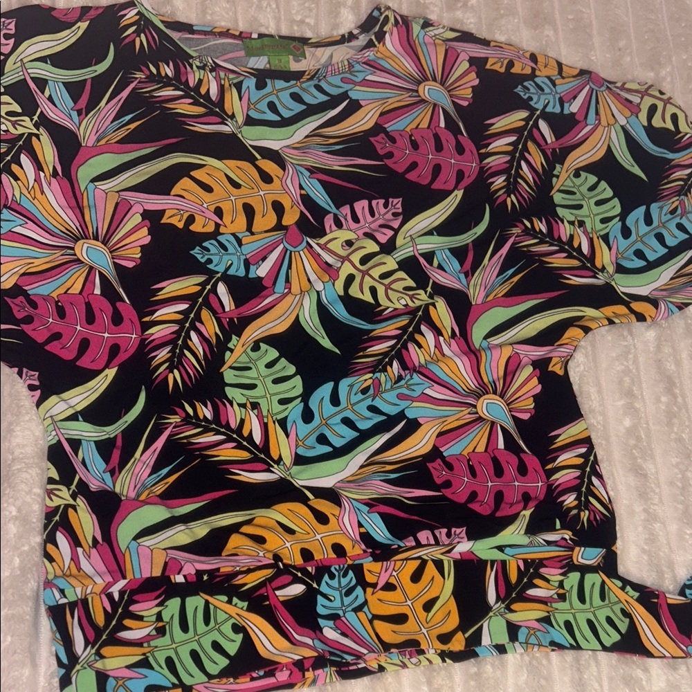 Island Republic Black Tropical Crop Top with Multicolor Leaves